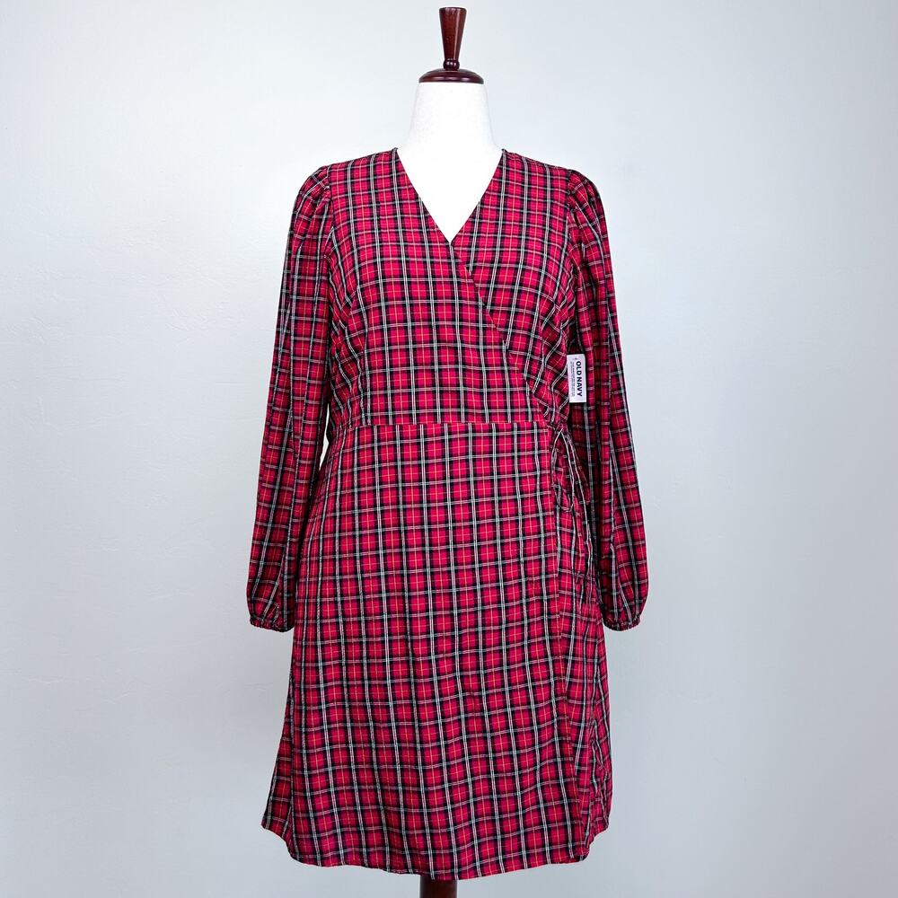 Old Navy XL Red Tartan Plaid V-Neck Wrap Long Sleeve Holiday Mini Dress NWT - Picture 2 of 13